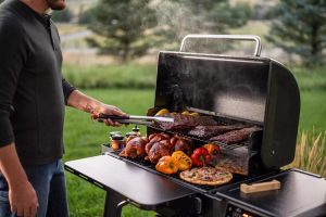 man grilling in his backyard on a bbq grill